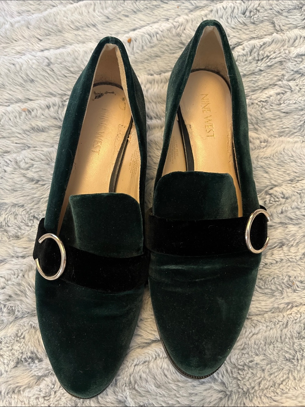 Nine West Dark Green Velvet Loafers with Black Band and Silver Buckle